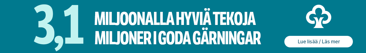 3,1 miljoonalla eurolla Hyviä tekoja, lue lisää. 3,1 Miljoner i Goda gärningar, läs mer.