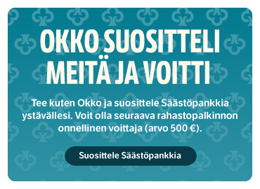 Okko suositteli meitä ja voitti. Tee kuten Okko ja suosittele Säästöpankkia ystävällesi. Voit olla seuraava rahastopalkinnon onnellinen voittaja (arvo 500 €). Suosittele Säästöpankkia.